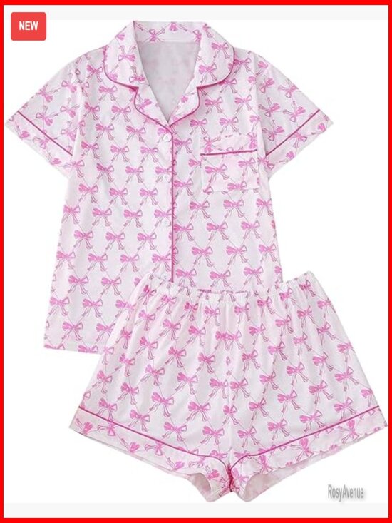 Other - Women's Short Sleeve Button Down Pajama Set with Bows Preppy Sleepwear
